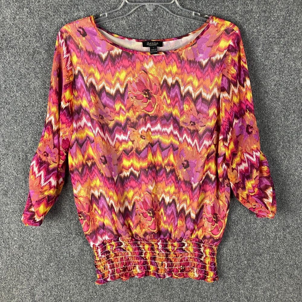 Peck & Peck Blouse Women's Large 3/4 Sleeve Multicolor 100% Polyester L